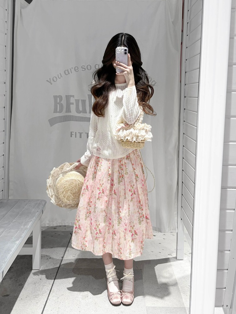봄 여름 한 부서 부드러운 바람 홀로우 아웃 니트 스웨터 캐미솔 꽃무늬 반신 스커트 고유 한 아름다운 아름다운 작은 세트