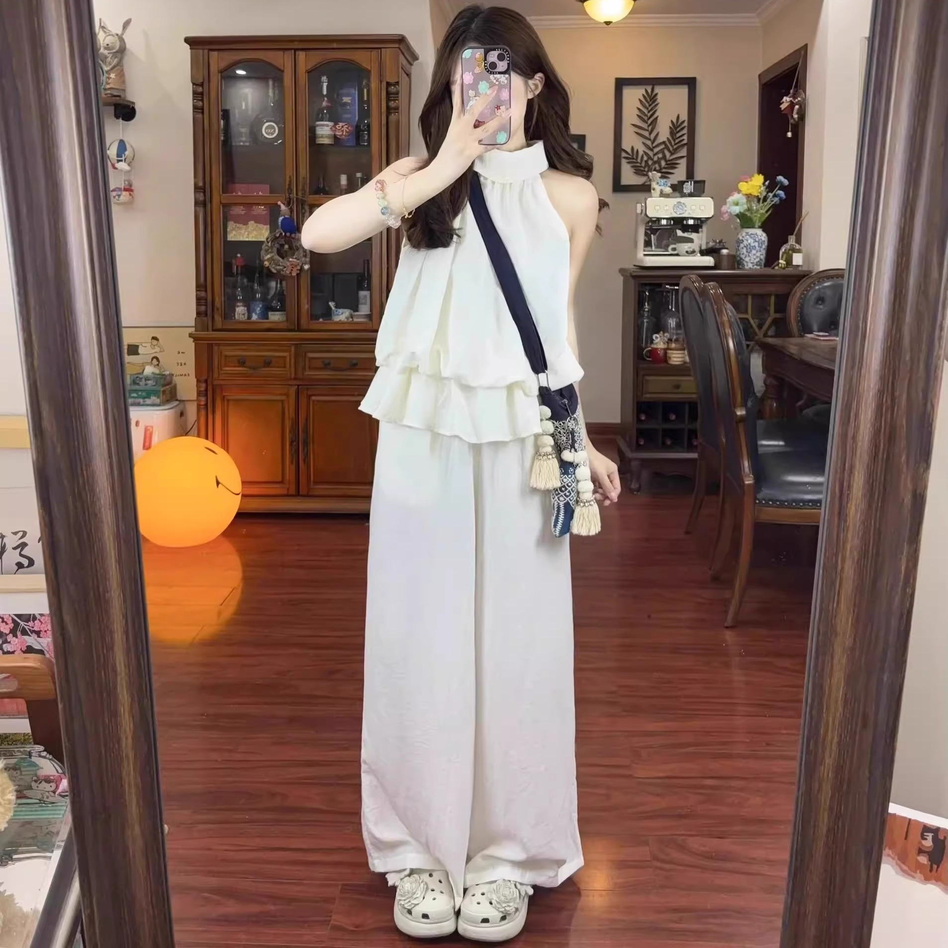 여름 코디 전체 집합 빅 사이즈 마이크로 지방 mm 민소매 맨위 화이트 와이드 레그 팬츠 소금 부서 느슨함 캐주얼 세트 여성