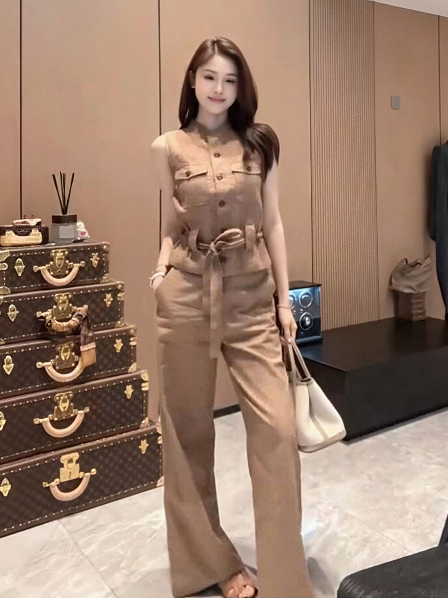 여름 착용 가져 가라. 전체 집합 빅 사이즈 지방 mm 허리 수축 민소매 맨위 와이드 레그 팬츠 고유 한 레트로 자이언트 잘 생긴 세트 여성