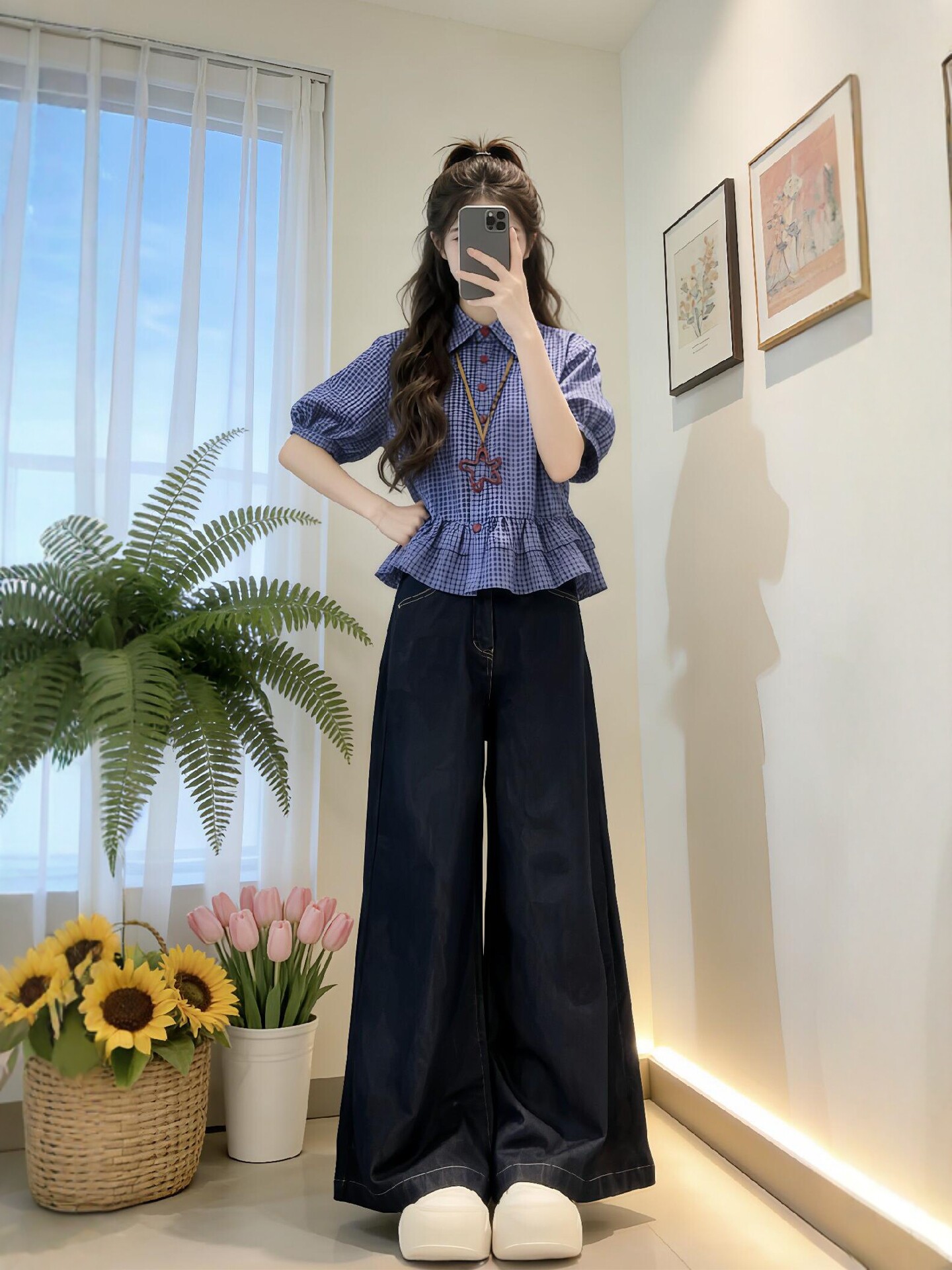 여름 착용 가져 가라. 전체 집합 빅 사이즈 지방 mm 체크무늬 거품 소매 셔츠 청바지 고유 한 아름다운 연령 감소 세트 여성