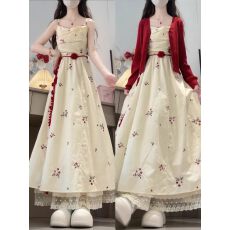 批发巨好看春夏穿搭温柔风针织开衫碎花吊带连衣裙洋气减龄两件套装女