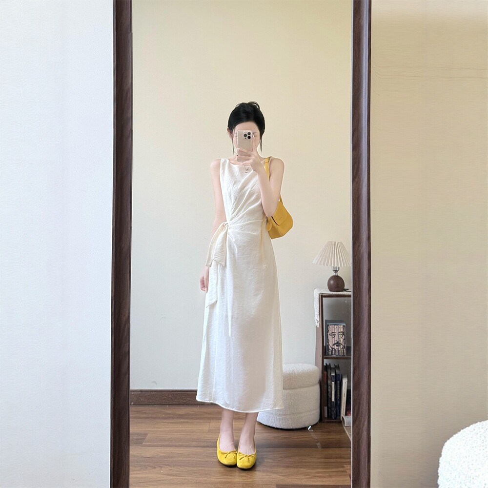 프랑스식 고유 한 품격 민소매 여성 드레스 여름 빅 사이즈 지방 mm 해변가 휴가 바람 허리 수축 슬림해 보이는 조끼 스커트