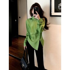 批发新中式绿色立领衬衫女<b class='q'>春</b>轻奢高端时髦洋气超好看掐腰开叉国风上衣