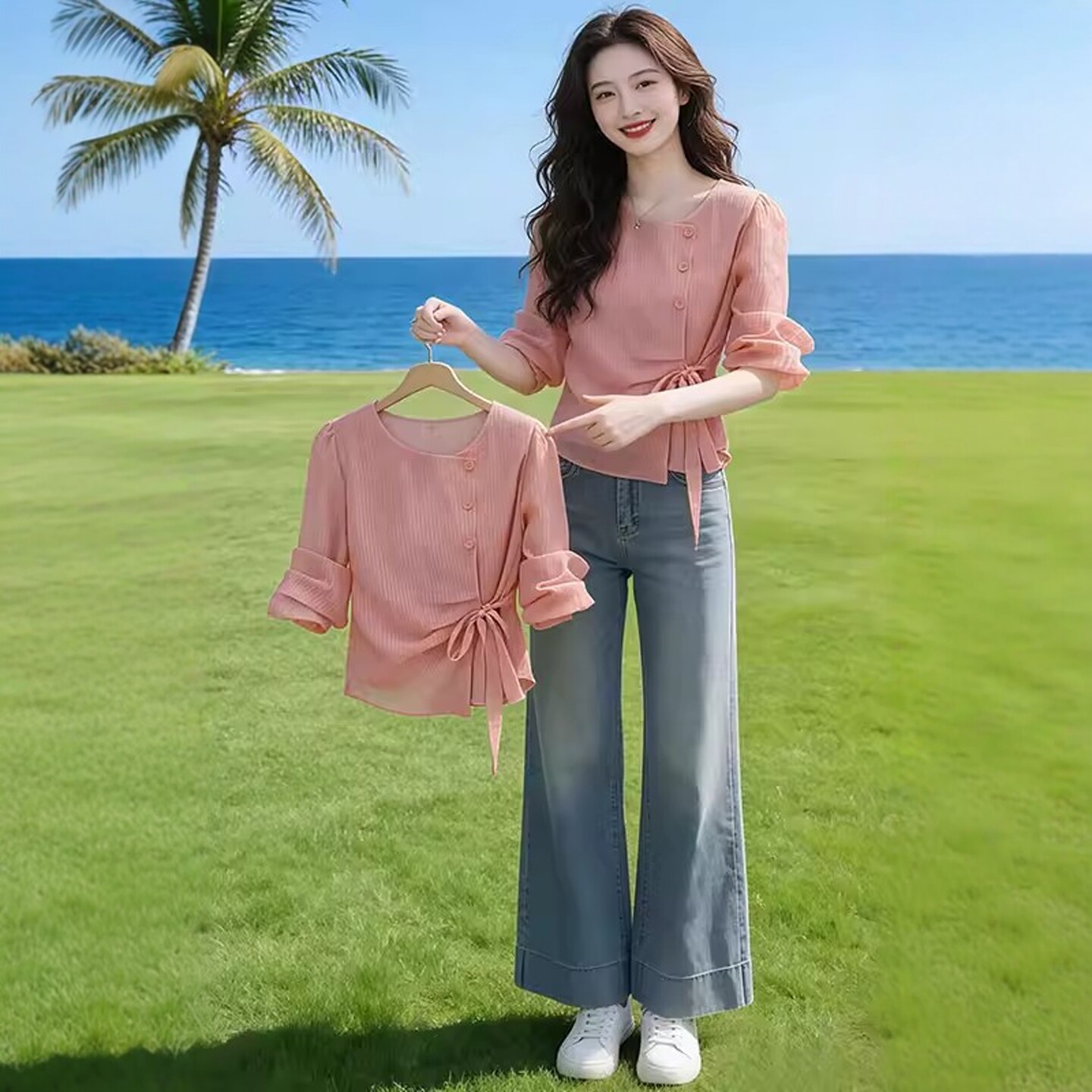 프랑스식 핑크색 니트 패치워크 긴팔 여성 셔츠 봄 2026 새로운 자이언트 잘 생긴 고유 한 아름다운 작은 셔츠 맨위