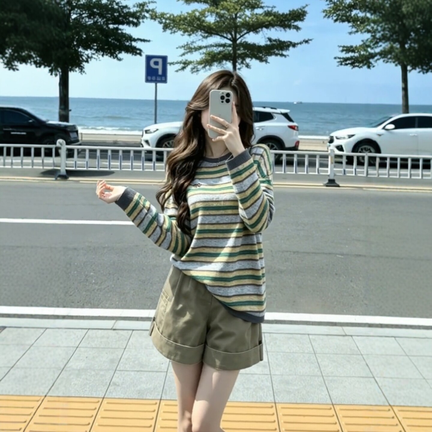 이른 봄 전체 집합 ootd 착용 가져 가라. 레트로 스트라이프 라운드 넥 긴팔 니트 스웨터 맨위 워크웨어 팬츠 투피스 슈트 여성