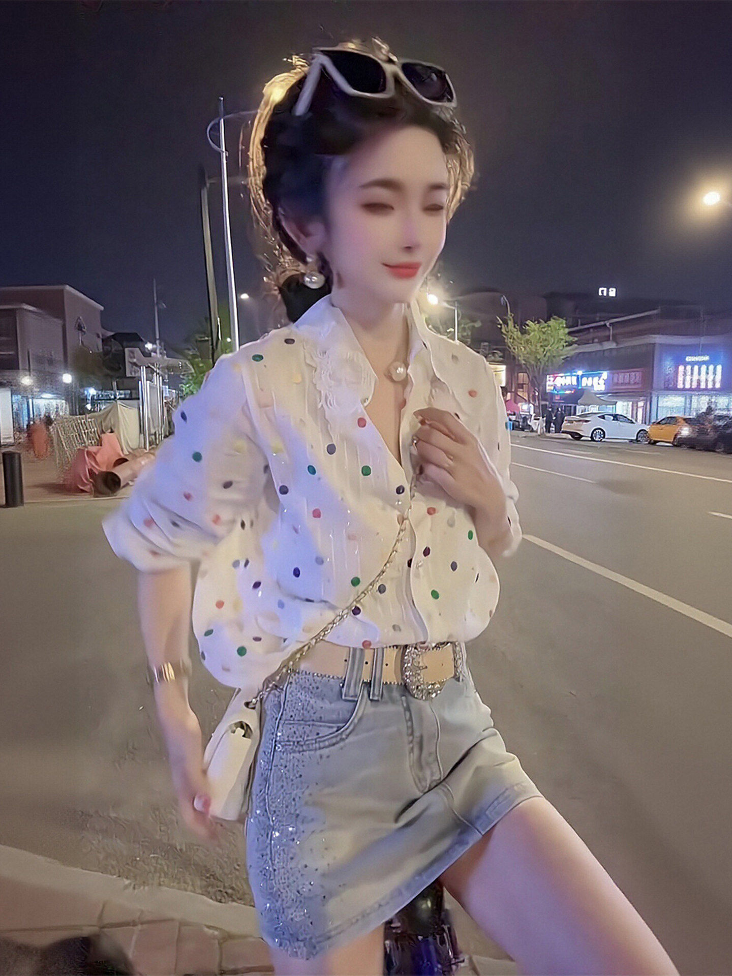 여름 착용 가져 가라. 전체 집합 빅 사이즈 지방 mm 도트 무늬 셔츠 맨위 데님 미니 스커트 고유 한 아름다운 연령 감소 세트 여성