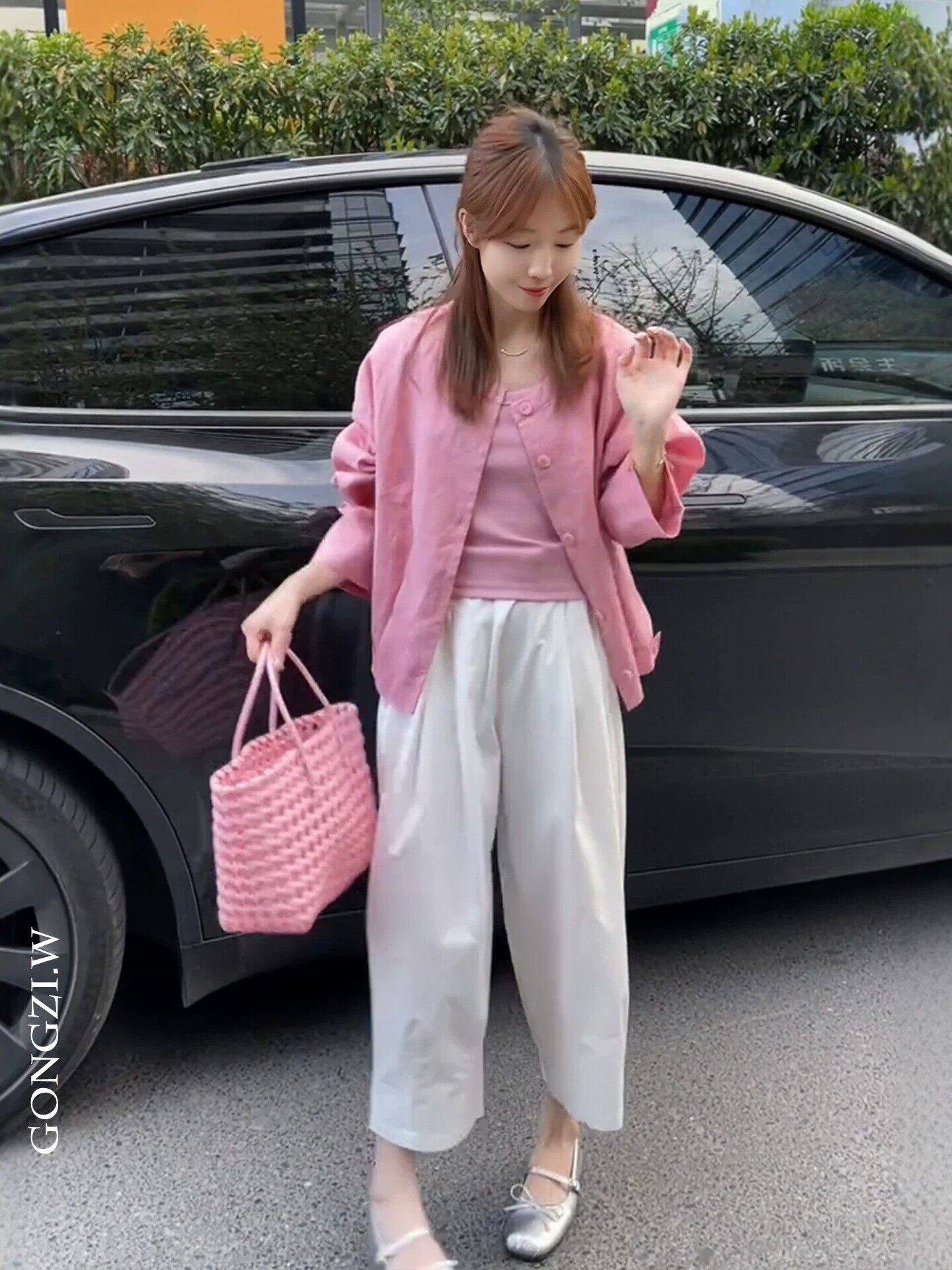 여름 착용 가져 가라. 전체 집합 빅 사이즈 지방 mm 핑크색 재킷 조끼 캐주얼 바지 달콤함 연령 감소 세 조각 세트 여성