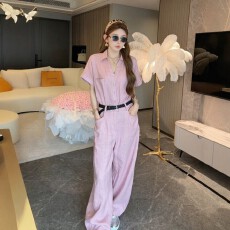 批发粉色<b class='q'>阔</b><b class='q'>腿</b><b class='q'>连体裤女</b>夏季大码胖mm韩系松弛感独特甜美高腰短袖连体衣