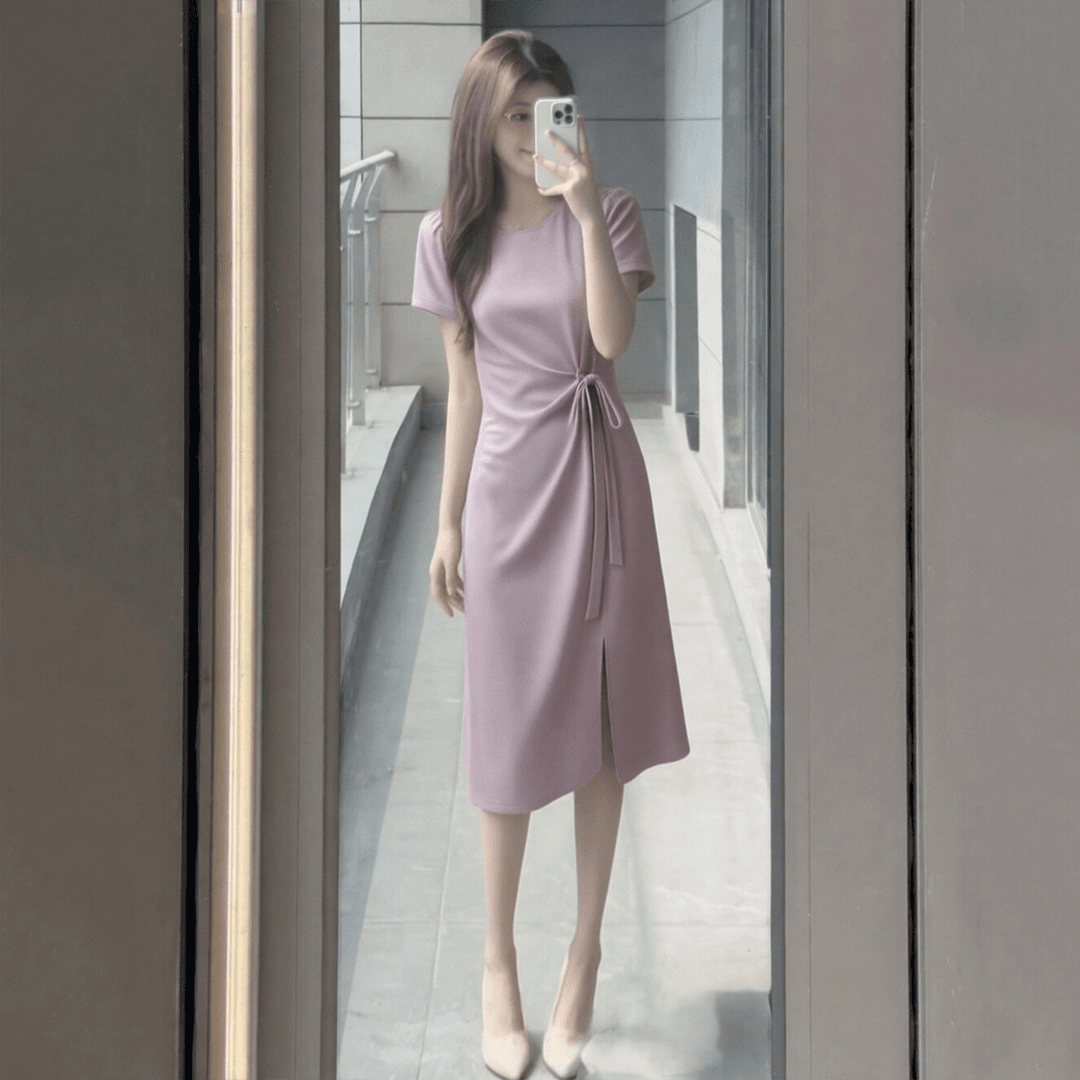 2026 여름 새로운 프랑스식 품격 보라색 핑크색 반팔 티셔츠 여성 드레스 특별 아름다운 꼬집기 허리 작은 치마