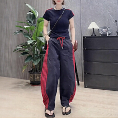 批发欧货<b class='q'>休闲</b>套装女2026夏季新款圆领正肩上衣宽松阔腿裤两件套