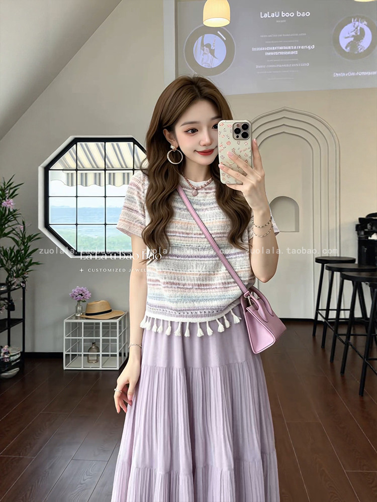 여름 드레스 코디 전체 집합 빅 사이즈 지방 mm 작은 샤넬 스타일 보라색 술 레이스 셔츠 맨위 하이웨이스트 반신 치마 세트