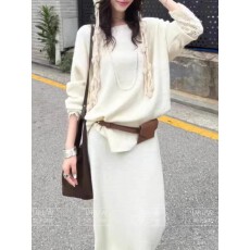 批发十三行爆款~慵懒圆领休闲宽松钩花针织毛衣纯色高腰半身裙两件套