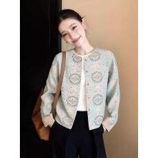 批发新中式中国风印花外套女2026新款圆领双面穿夹克法式复古开衫上衣