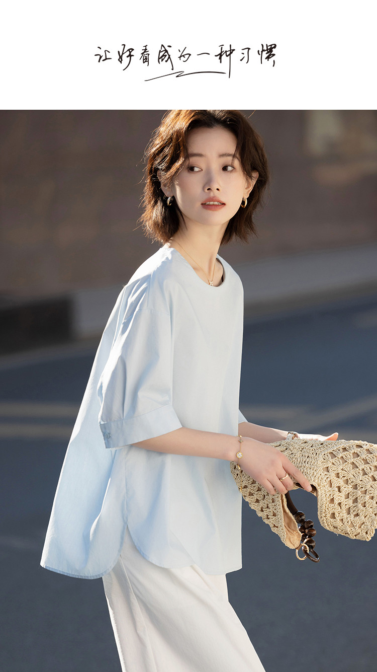 면 라운드 넥 여성 셔츠 2026 여름 새로운 셔츠 새로운 불규칙 밑단 루즈핏 반팔 맨위