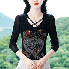 批发实拍2026春秋女装新款女士修身蕾丝衫网纱烫钻上衣薄款打底衫长袖