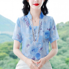 实拍2026夏季女装新款V领印花雪纺衫短袖宽松显瘦百搭洋气打底衫