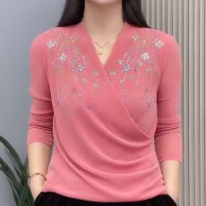 批发2026年秋冬季装新款V领长袖t恤中老年女装时尚网纱上衣妈妈小衫女
