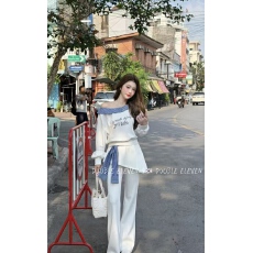 批发十一家原创蓝色条纹翻领斜肩字母印花长袖+阔腿裤两件套