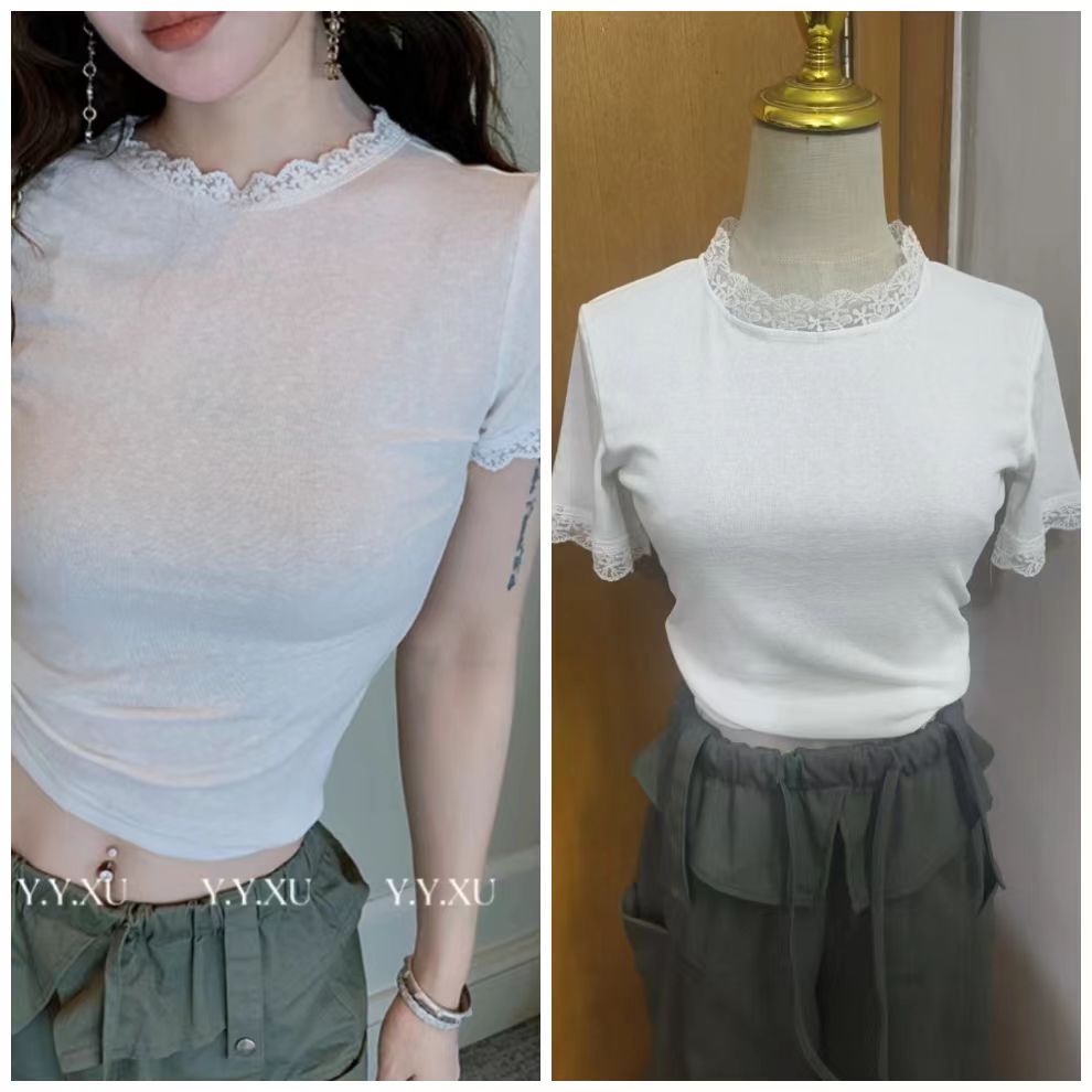 원 유안 발레 자매 화이트 레이스 측면 라운드 넥 기본 셔츠 티셔츠 여성 봄 몸매 가꾸기 순수한 욕망 맨위
