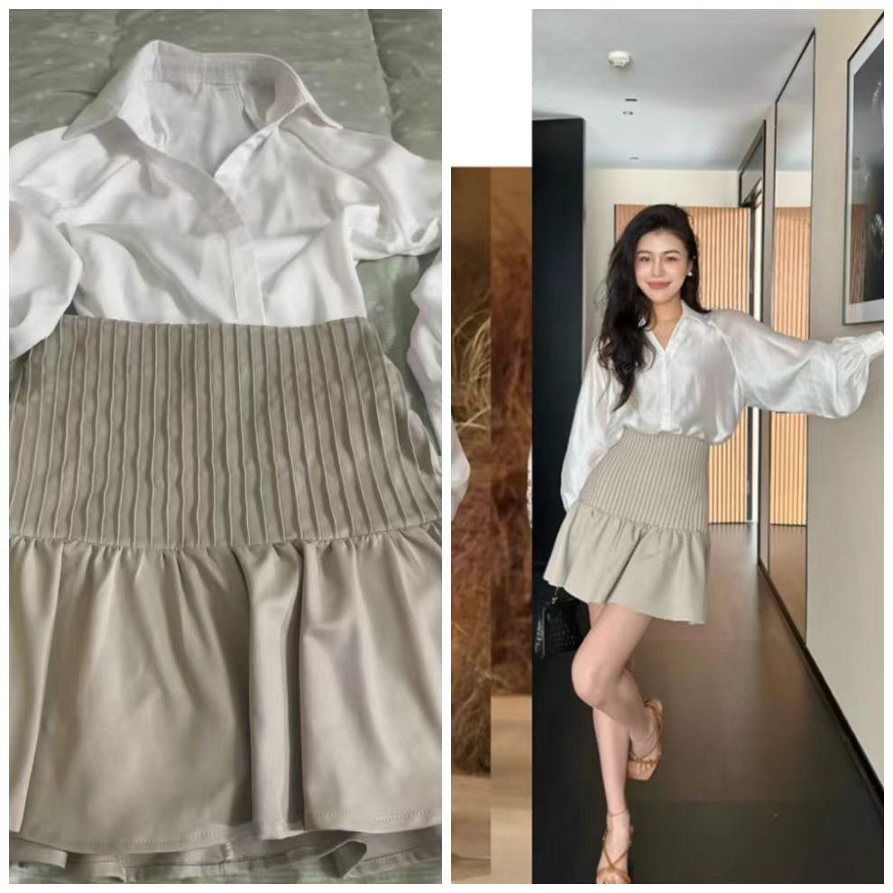 보여주기 필드 샤오시엔 부유 한 가족 천 골드 고급 센스 프랑스식 벌룬 소매 셔츠 장기 Pleat 한 마디 반신 스커트