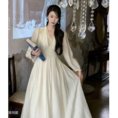 批发璐璐专属 春夏长袖复古中长款V领夏季显瘦法式A字裙