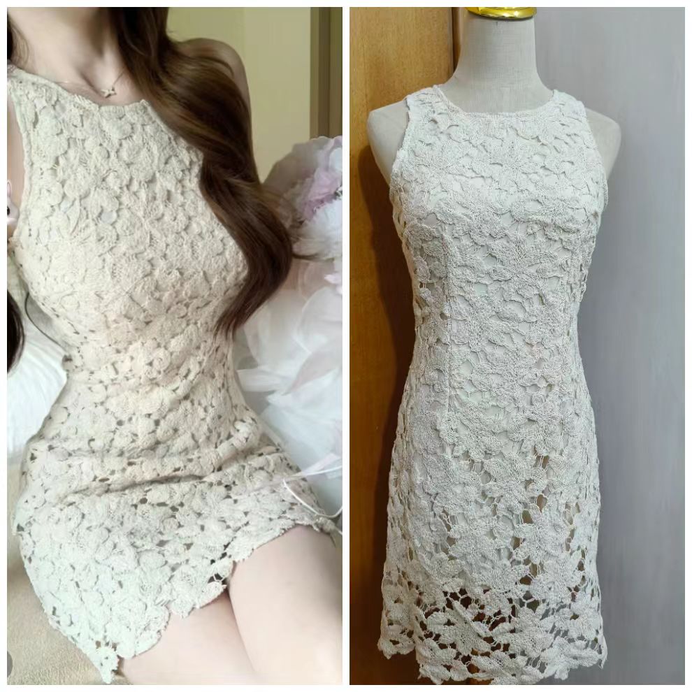 꽃 객실 주리예 줄려엽 여름 새로운 부드러운 품격 홀로우 아웃 레이스 민소매 쇼트 스타일 드레스