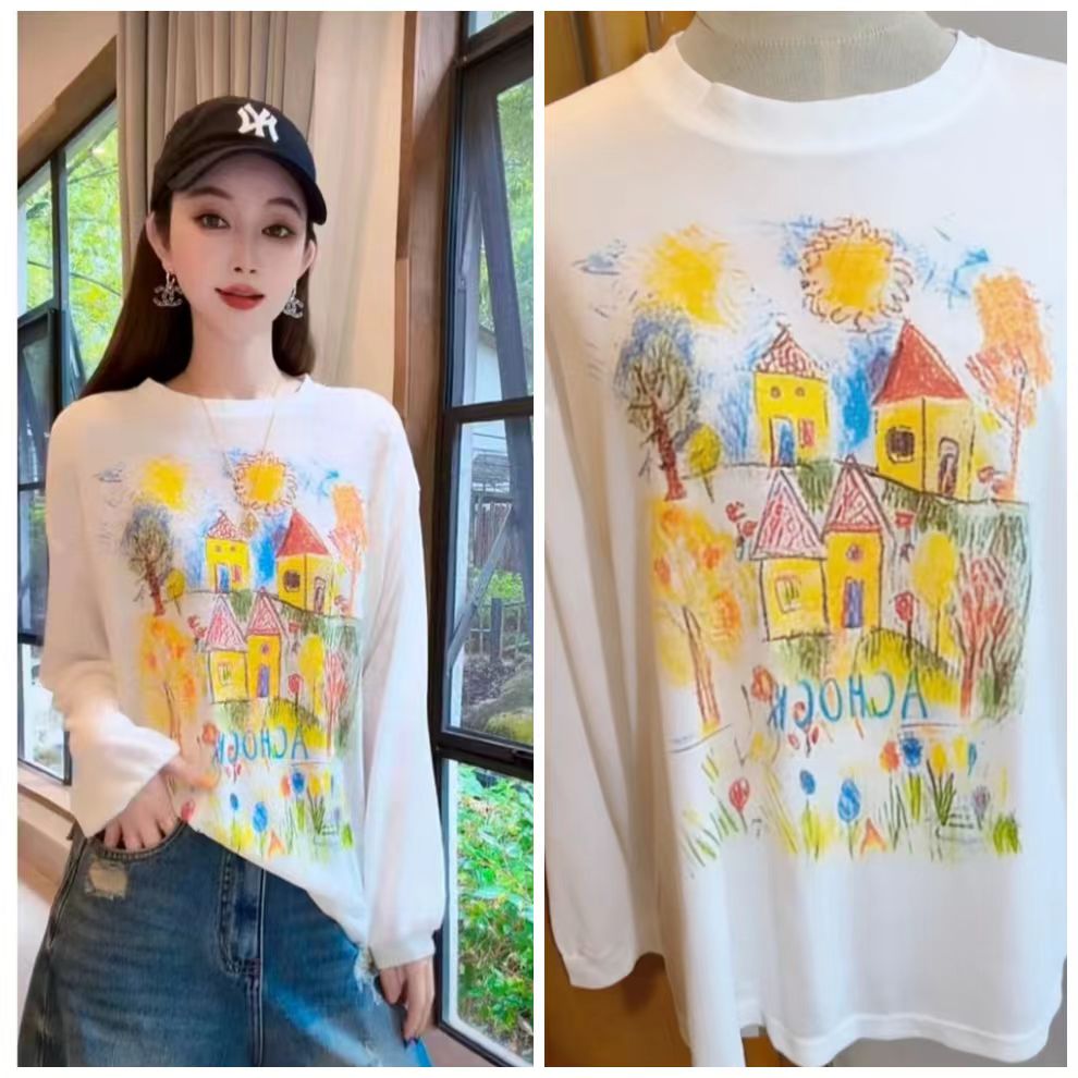 콩 최적의 봄 여름 새로운 수채화 낙서 얇은 스타일 통기성 자외선 차단 블라우스 티셔츠 여성 dz880m67739