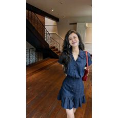 批发张阿星蓝调笔记藏青色miu系立体提花少<b class='q'>女</b>感减龄法式收腰连衣裙