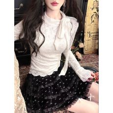 批发蕾丝修身打底衫秋冬<b class='q'>T</b><b class='q'>恤</b>蝴蝶结上衣设计感女装内搭外穿