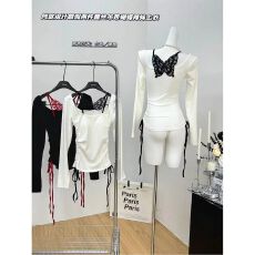 批发一字肩假两件长袖t恤女秋冬纯欲辣妹露背上衣<b class='q'>蕾丝</b>蝴蝶<b class='q'>打底衫</b>内搭