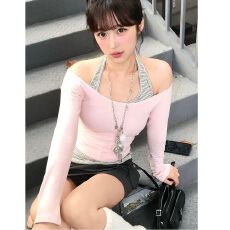 批发螺纹德绒 长袖t恤女冬季辣妹条纹挂脖吊带<b class='q'>背心</b>两件套叠穿打底