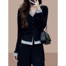 批发大码女装假两件T恤单排扣修身遮肉显瘦秋冬款2025胖妹妹百搭上衣