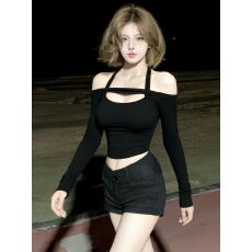 批发人棉磨毛纯色挂脖一字肩长袖打底衫女秋冬内搭修身短款美式上衣