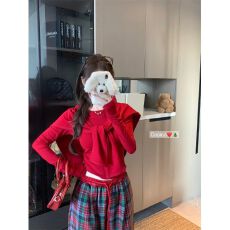 批发【人棉270克抓毛】休闲风套装红色气质长袖毛衣女冬季<b class='q'>T</b><b class='q'>恤</b>上衣