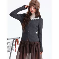 批发包芯纱 韩系<b class='q'>气质</b>翻领蕾丝长袖针织衫女2025新款冬季内搭打底上衣