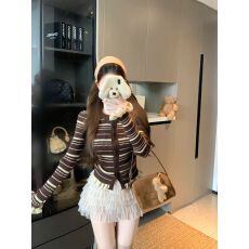 批发<b class='q'>马海毛</b>洗水 韩系木耳边撞色条纹针织<b class='q'>开衫</b>2025秋冬季修身显瘦上衣