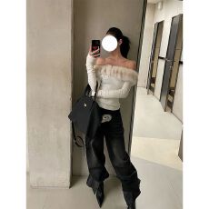 批发40支260克随心裁 白色毛毛领一字肩休闲长袖<b class='q'>T</b><b class='q'>恤</b>女秋冬季内搭上衣