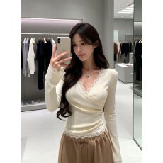 批发人棉磨毛不规则蕾丝v领长袖t恤女<b class='q'>秋</b>冬季纯欲掐腰短款内搭上衣