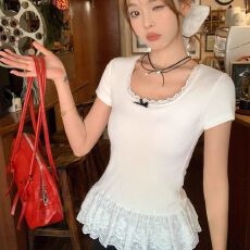 批发220克40支仿棉螺纹#<b class='q'>蕾丝</b>拼接花边蝴蝶结修身短袖上衣<b class='q'>t</b><b class='q'>恤</b>女