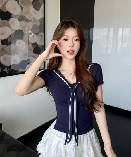 나만의 것을 가져와 라. 가슴 패드 여름 출퇴근 아름다운 연령 감소 작은 맨위 해군 칼라 화이트 반팔 티셔츠 여성 핫걸 맨위 트렌디