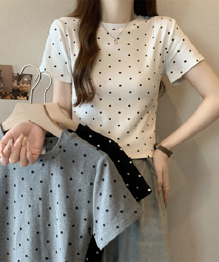 40 순면 210 그램 92 면 8 암모니아 Lun 반팔 티셔츠 여성 천 인쇄 도트 무늬