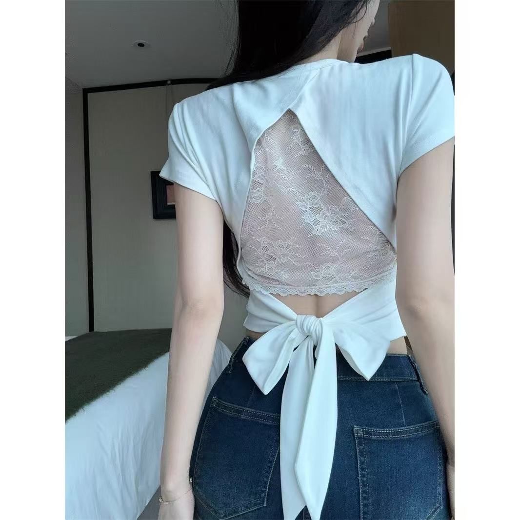 뒤로 홀로우 아웃 레이스 나비 매듭 스트랩 반팔 티셔츠 디자인 센스 달콤한 핫걸 허리 수축 몸매 가꾸기 라운드 넥 맨위 여성