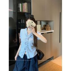 批发法式蓝色设计感木耳边<b class='q'>条纹</b><b class='q'>衬衫</b>女夏季减龄显瘦上衣