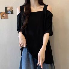 慵懒风露肩短袖t恤女2026夏季新款设计感小众遮肚宽松上衣打底衫
