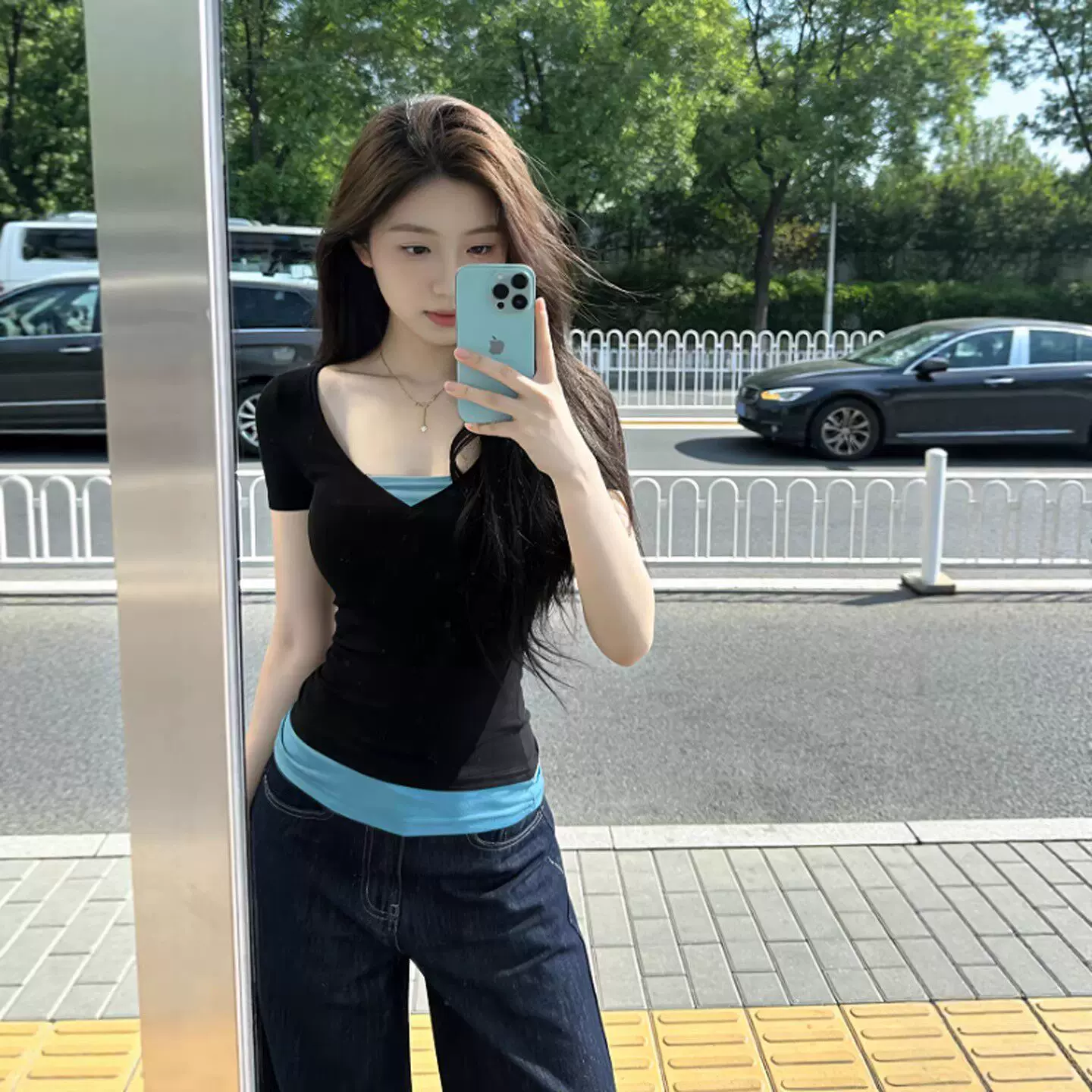 아메리칸 핫걸 배색 패치워크 페이크 레이어드 반팔 몸매 가꾸기