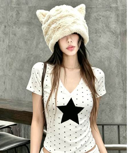 여름 새로운 한 부서 V넥 도트 무늬 패션 긍정적 인 어깨 프린트 섹션 반팔 티셔츠