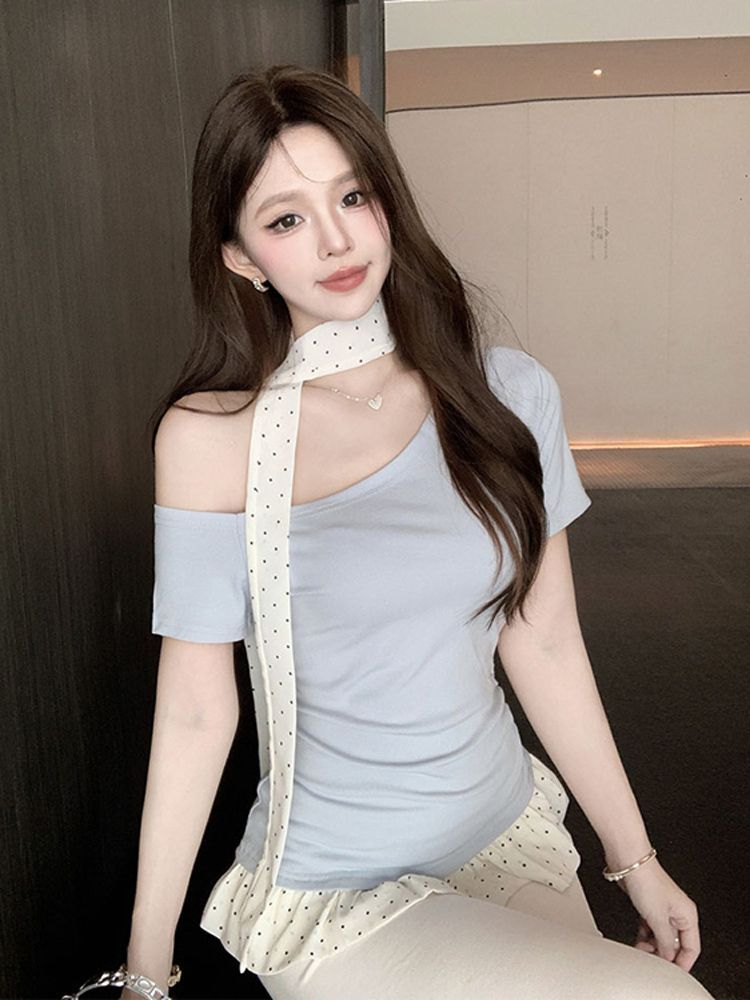 2026 새로운 비스듬한 칼라 오프숄더 나비 매듭 스카프 스트랩 행침 목 반팔