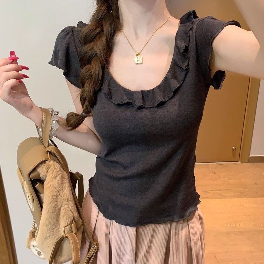작은 달콤한 도파민 연꽃 잎 프릴 어두운 회색 u 칼라 반팔 티셔츠 여성 몸매 가꾸기 달콤한 차가운 부서 섹션 ins 맨위