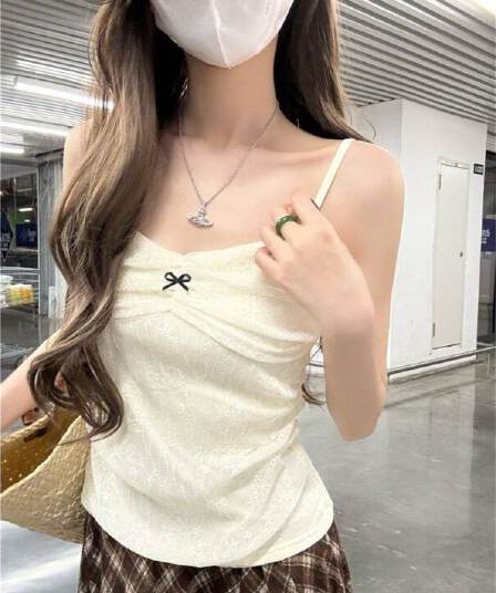 달콤한 스타일 주름 몸매 가꾸기 캐미솔 여성 의류 여름 연령 감소 레이스 나비 매듭 민소매 맨위