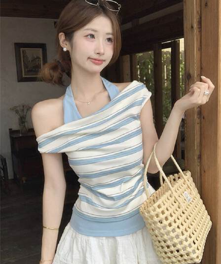 40 모방 면 파란색 스트라이프 페이크 레이어드 오프숄더 행침 목 흔들다 칼라 반팔 티셔츠 여성 여름 비스듬한 어깨 오프숄더 맨위